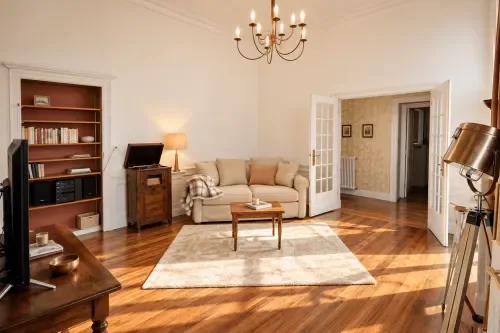 Zona de estar de la suite Executive Prince de Salm con sofá y chimenea.