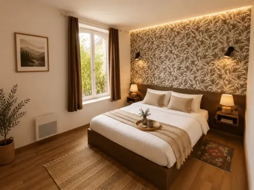 Habitación doble con vistas al jardín y papel pintado floral.