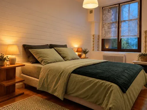 Dormitorio de la suite Mezzanine con ropa de cama gris y mesillas de noche de madera.