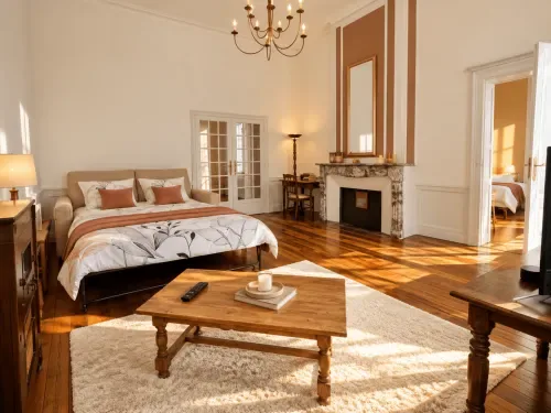 Habitación de una suite con chimenea, cama y muebles de madera.