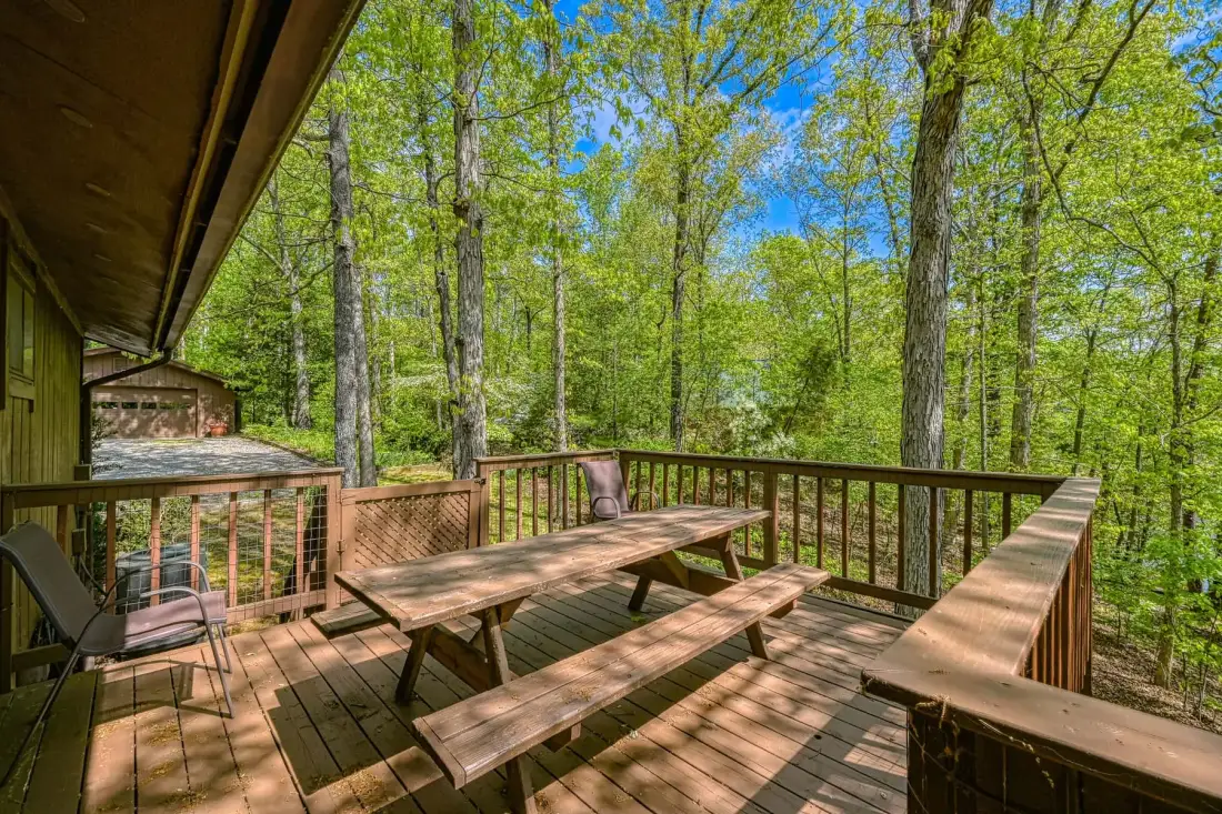 Una terraza de madera con asientos de picnic da a un bosque frondoso.