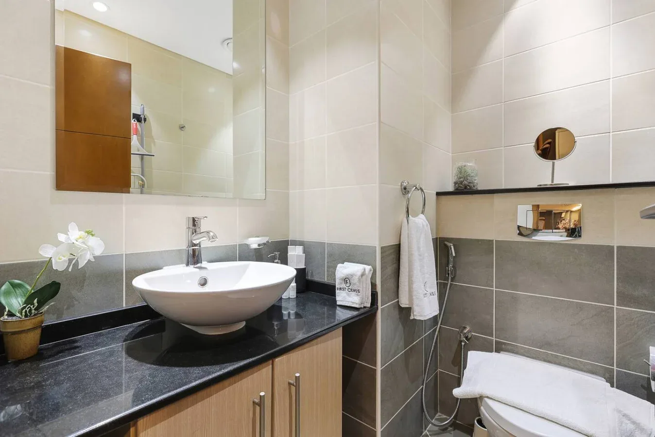 Un baño alicatado con lavabo y tocador, junto a un inodoro.