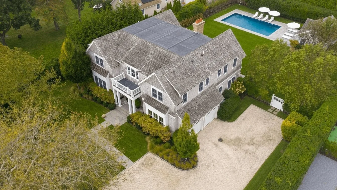 Una vista aérea muestra una casa grande junto a una piscina y jardines.