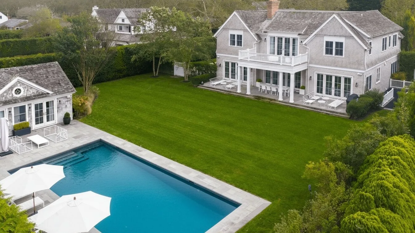 Vista aérea de una casa grande, un césped verde y una piscina exterior.