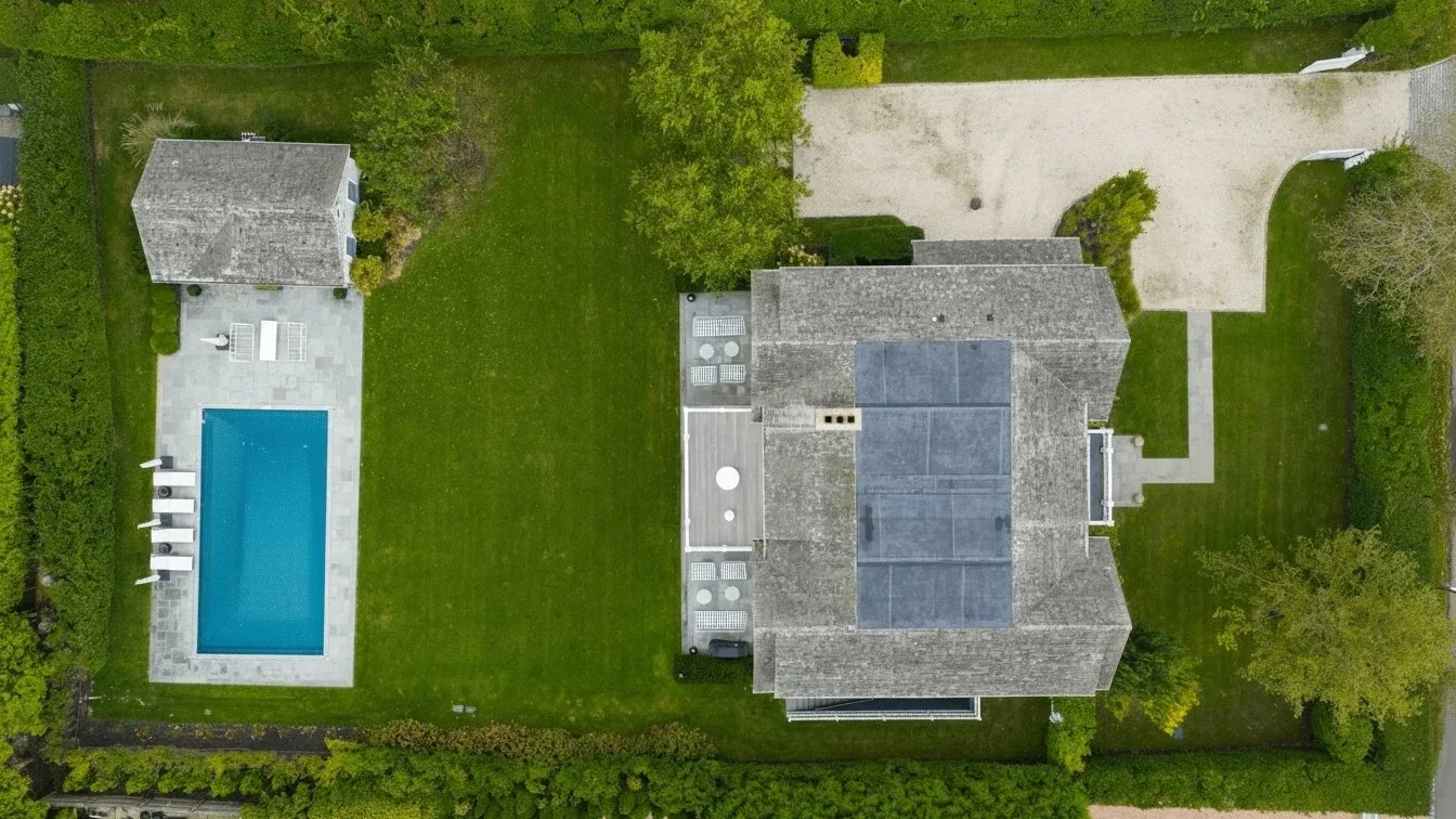 Vista aérea de una casa, un césped y una piscina.