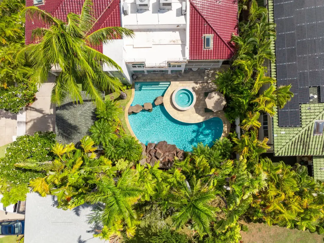 Vista aérea de una piscina con un spa redondo, rodeada de palmeras.