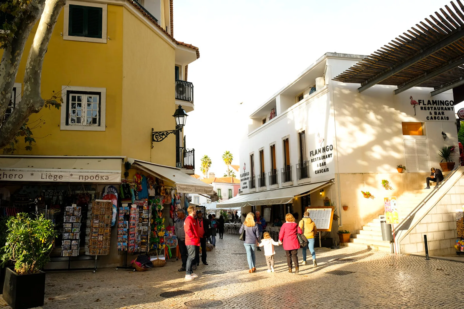 Una calle peatonal soleada, flanqueada por edificios coloridos y pequeñas tiendas.