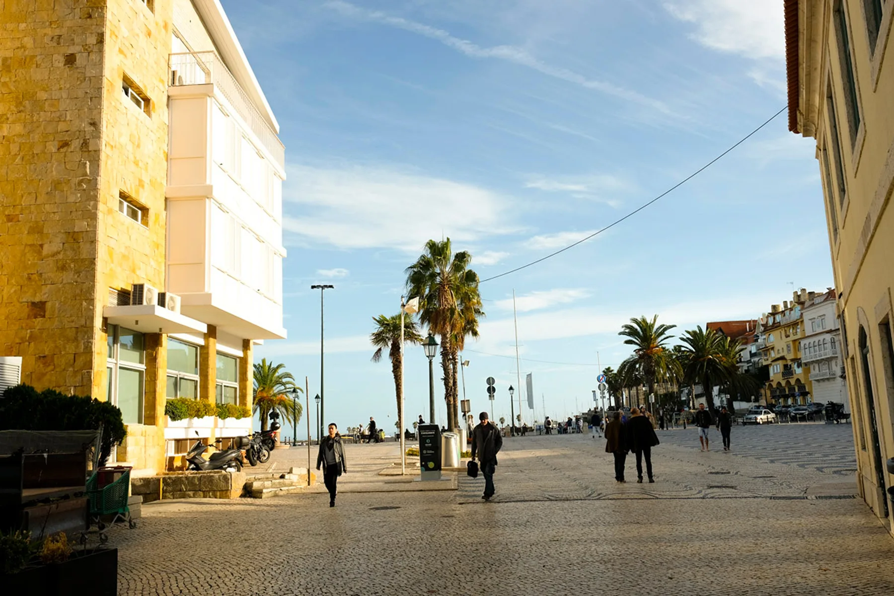 Una plaza peatonal soleada con palmeras y edificios alrededor.