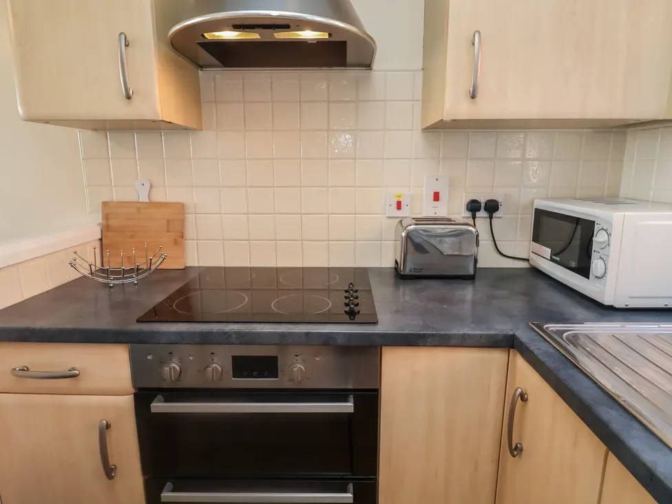 Una cocina compacta tiene una placa, un horno, una tostadora y un microondas.