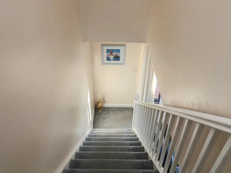 Una escalera alfombrada baja junto a una barandilla blanca hacia un pequeño descansillo.