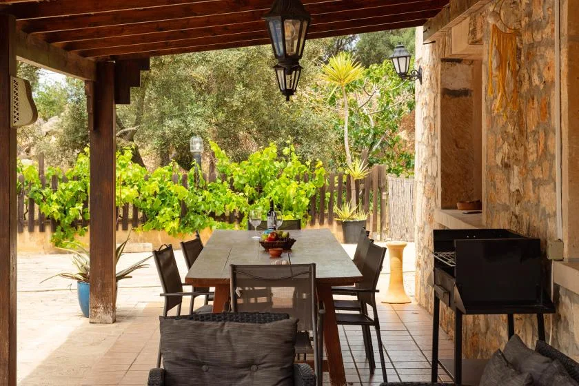 A covered outdoor dining area with a table and vineyard greenery.