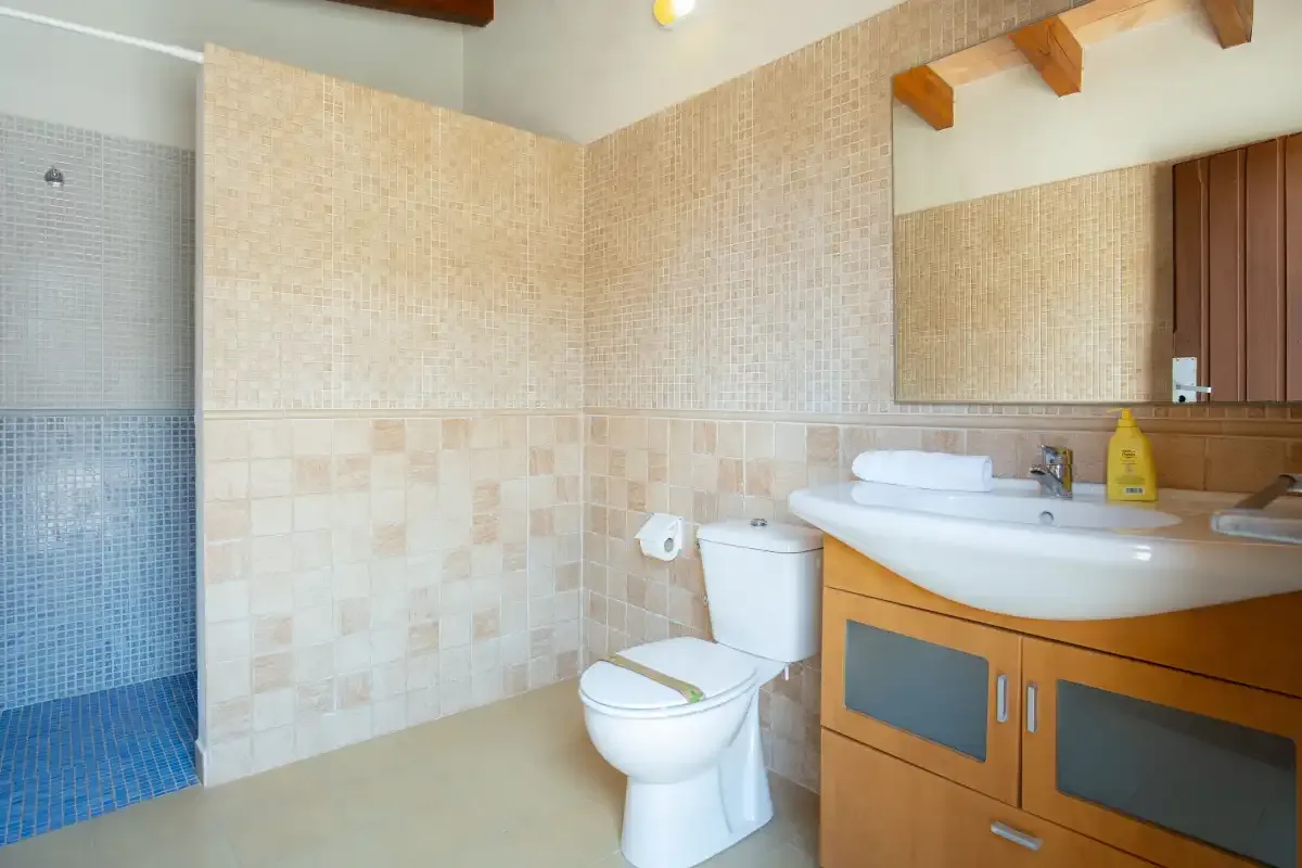 A tiled bathroom with a toilet and a vanity sink.