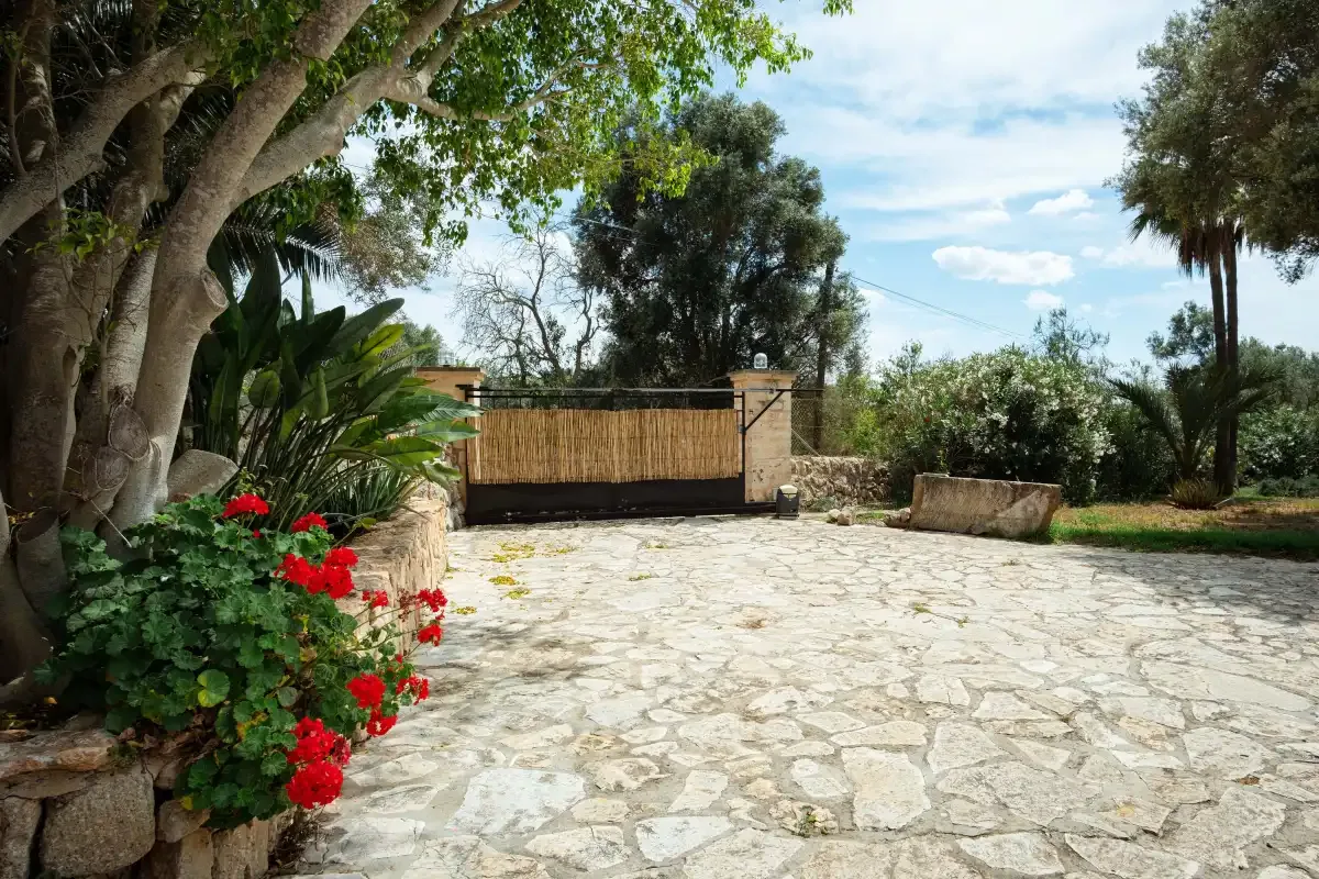 A stone-paved garden courtyard with leafy plants and red flowers.