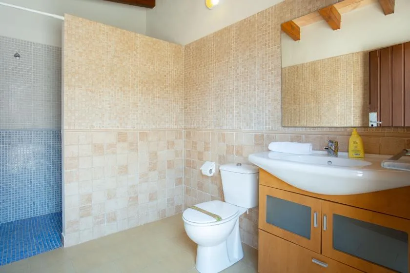 A tiled bathroom with a toilet and sink vanity.