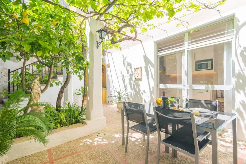 A leafy outdoor patio with a dining table and seating beside a glass wall.
