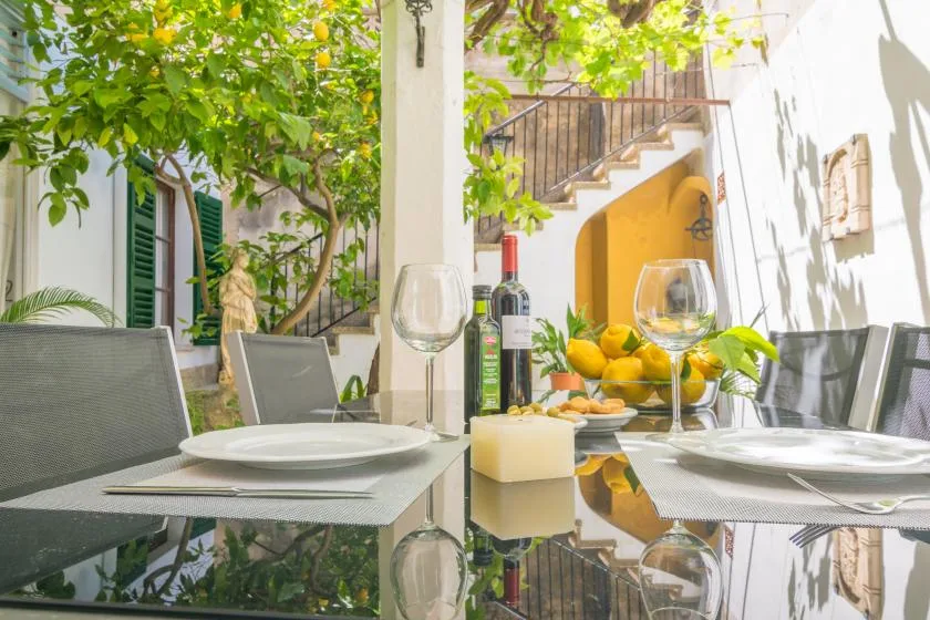 An outdoor dining table is set with plates and glasses beneath leafy branches.