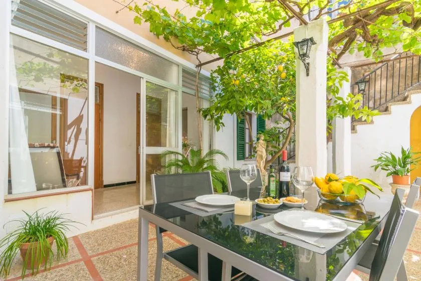 A patio dining area sits beneath a leafy vine canopy beside glass doors.