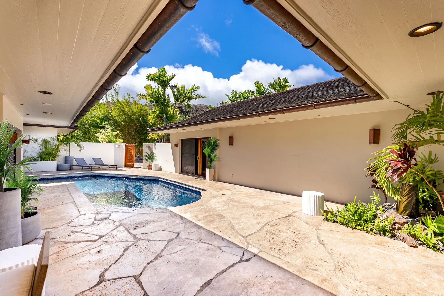 An outdoor pool patio with stone paving and tropical plants.