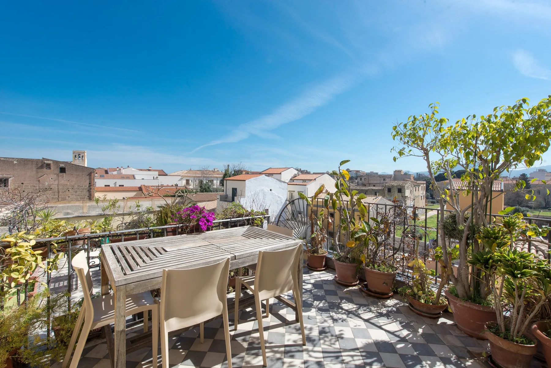 A rooftop terrace with an outdoor dining table, seating, and potted plants.