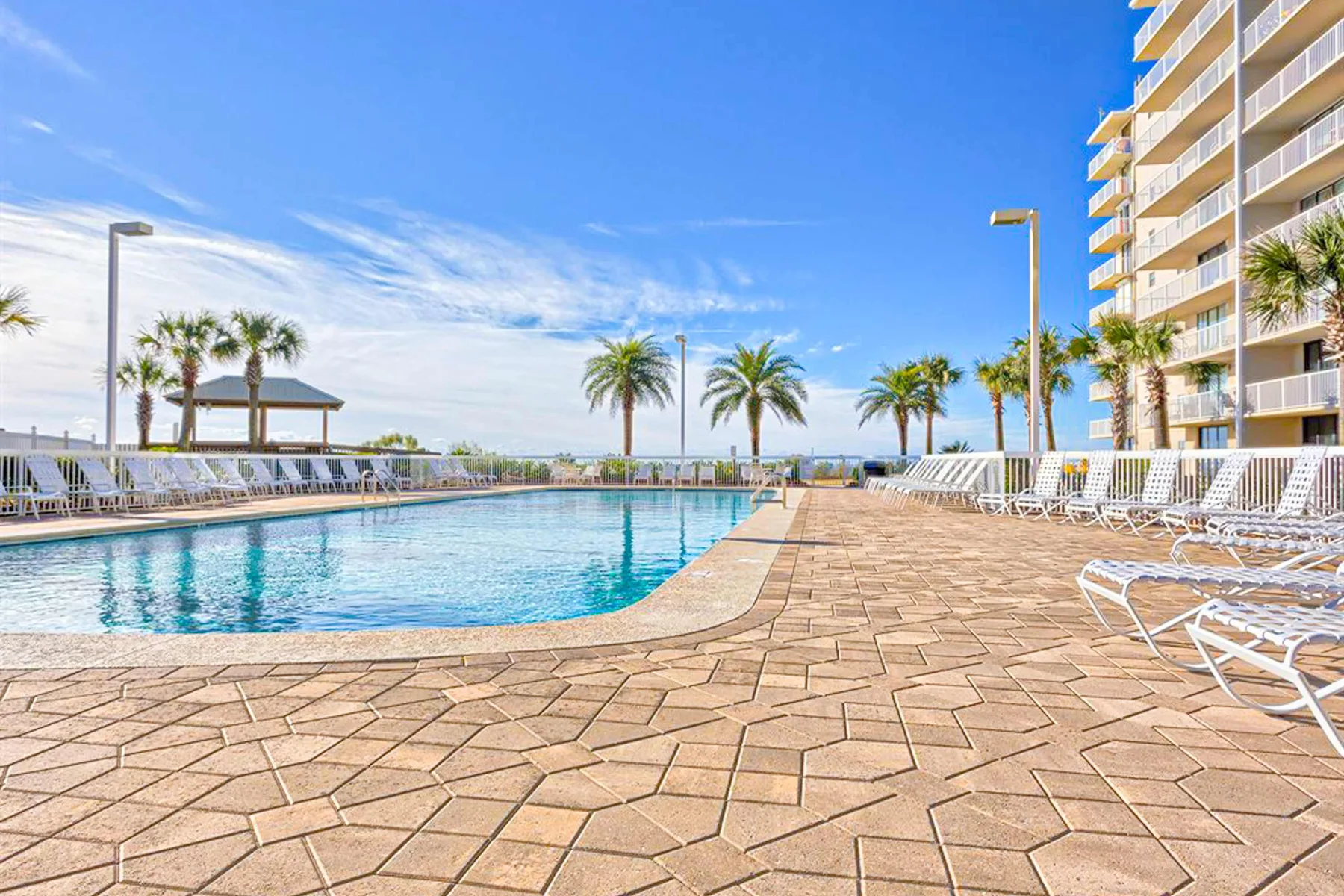 An outdoor swimming pool is surrounded by lounge chairs and palm trees.