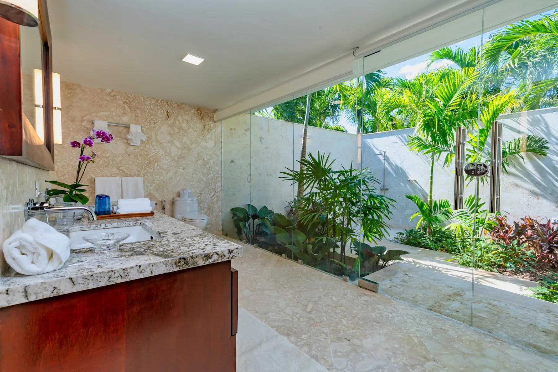 A bathroom vanity overlooks a glass-enclosed garden with tropical plants.