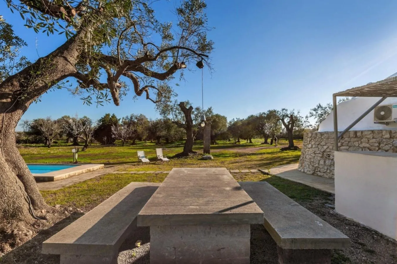 A stone picnic table sits in a grassy garden beneath mature trees.