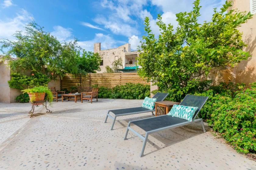 A paved outdoor patio with reclining loungers and leafy trees.