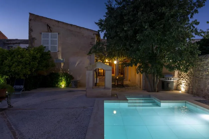 A swimming pool beside a courtyard with a tree and illuminated buildings.