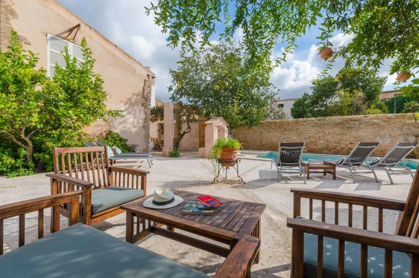 An outdoor patio with seating and a table sits beneath leafy trees.