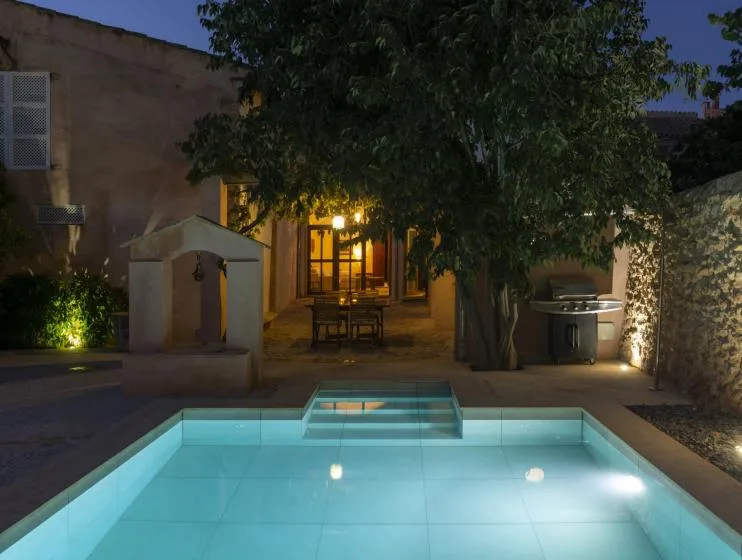 A lit swimming pool sits in a courtyard beneath a large tree.
