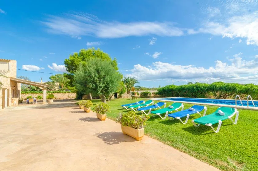 Una zona exterior junto a la piscina, con tumbonas sobre el césped y un patio pavimentado.