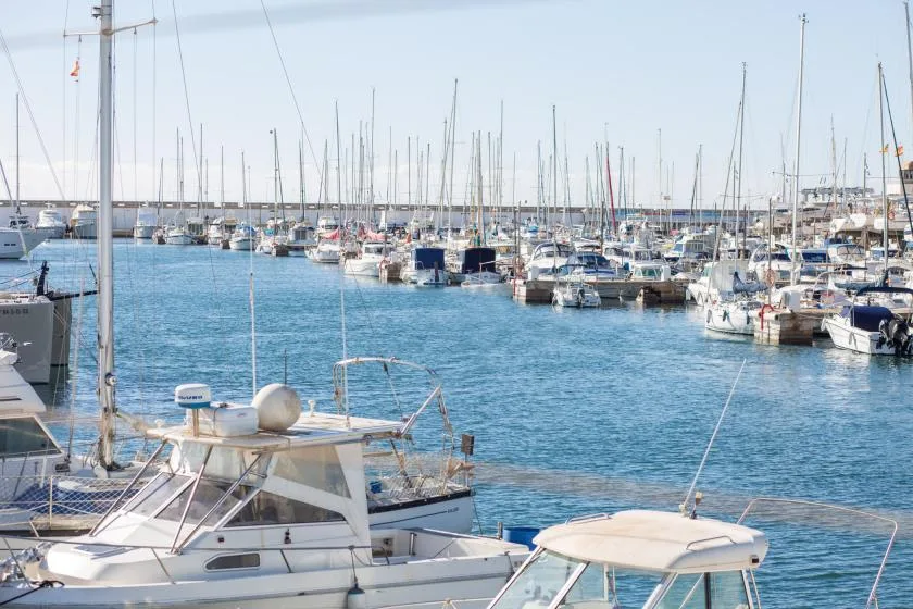 Un puerto deportivo lleno de veleros y lanchas está sobre aguas azules tranquilas.