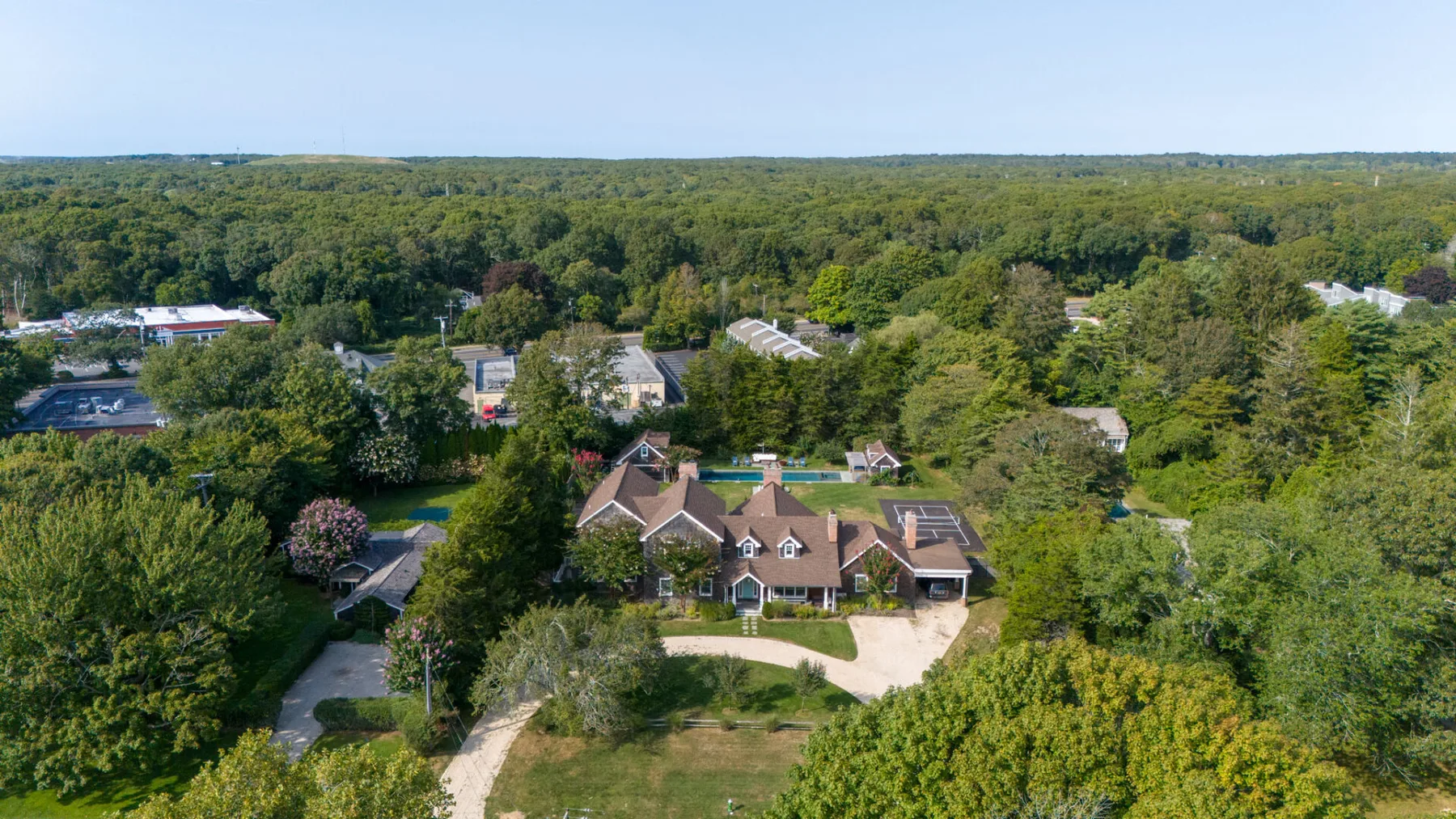 An aerial view of a large house surrounded by trees and greenery.