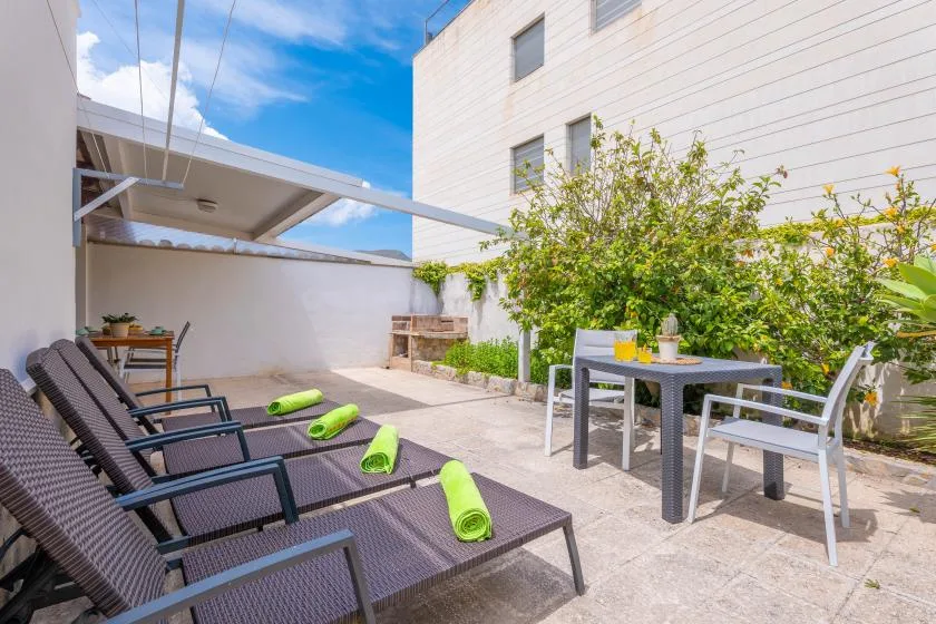 A sunny outdoor patio with lounge seating, a dining table, and leafy plants.
