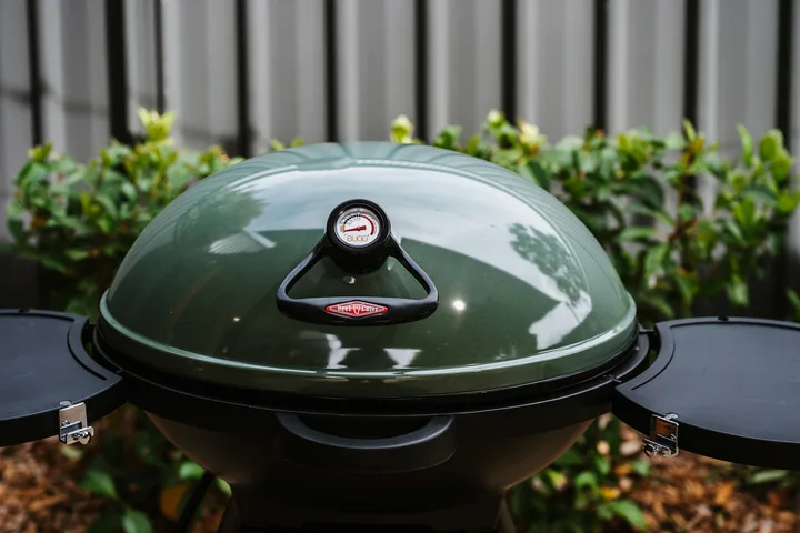 Una parrilla al aire libre con tapa verde redondeada está entre plantas.