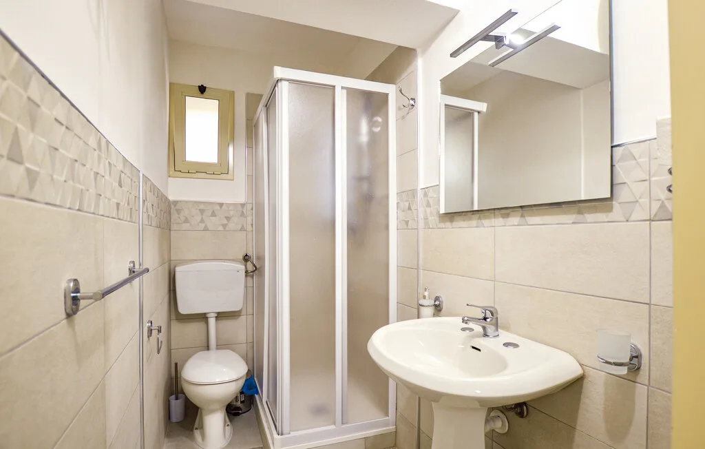 Un baño con ducha, inodoro y lavabo bajo un espejo grande.