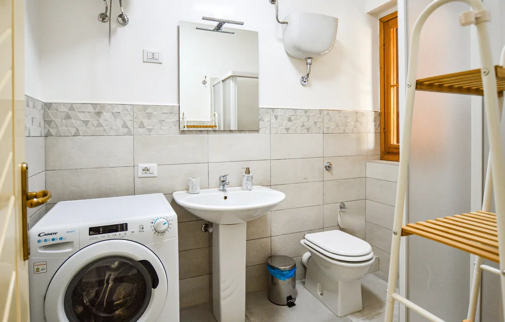 Un baño con lavabo, inodoro y lavadora.