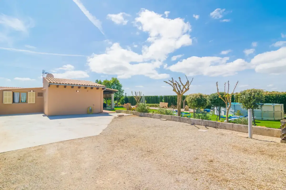 Outdoor courtyard with a paved area, trees, and a swimming pool.