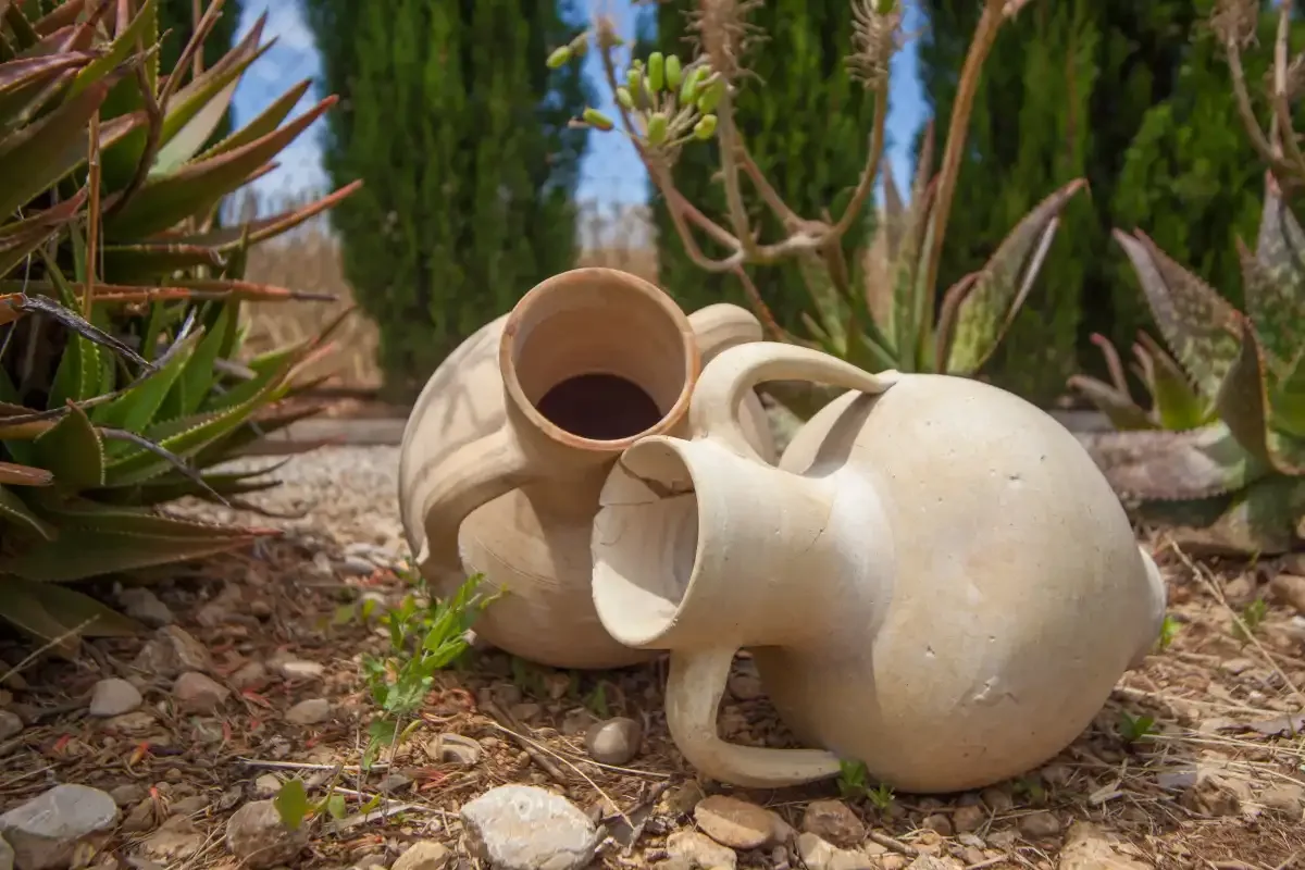 Two clay vessels sit among plants and stones in a garden.