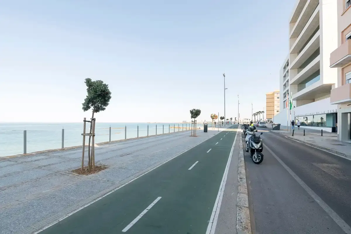 A seaside promenade runs beside a cycling lane, roadway, and modern buildings.