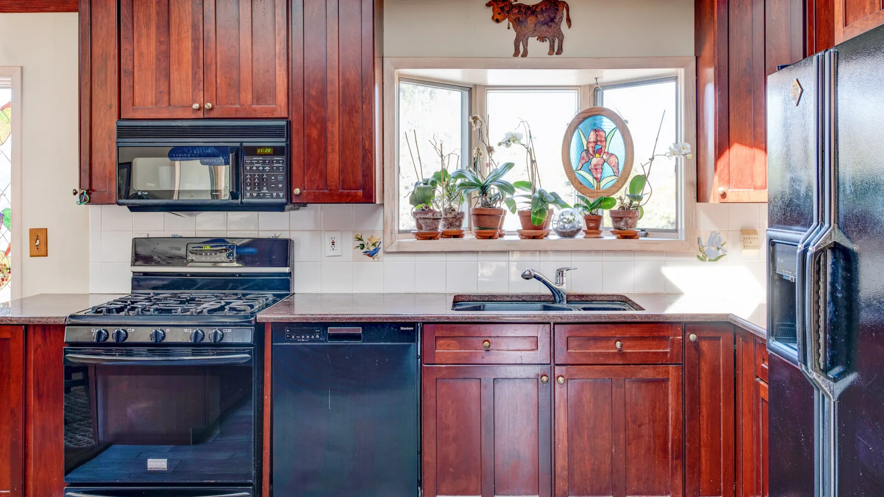 Una cocina con gabinetes de madera, una estufa y plantas junto a la ventana.