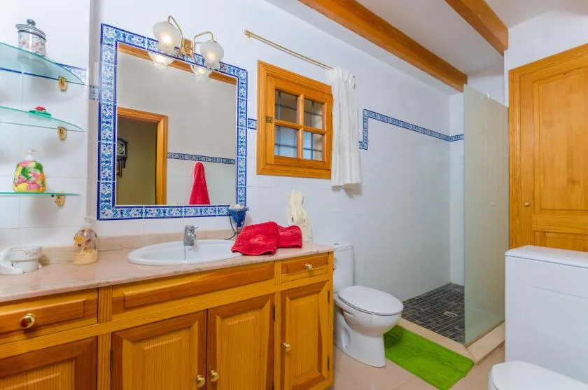 A bathroom with a wooden vanity, sink, and toilet beside a tiled shower area.