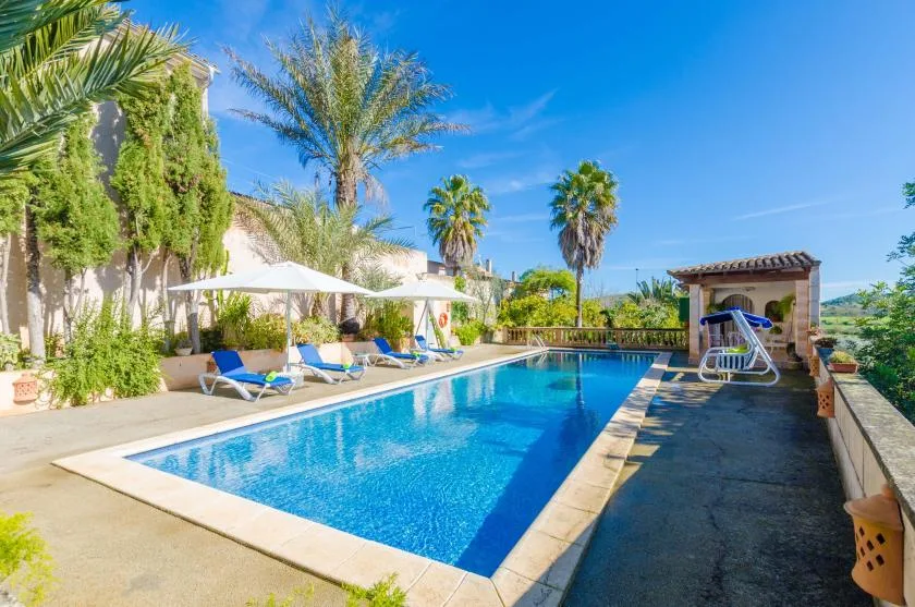 Outdoor swimming pool with lounge seating and a shaded patio area.