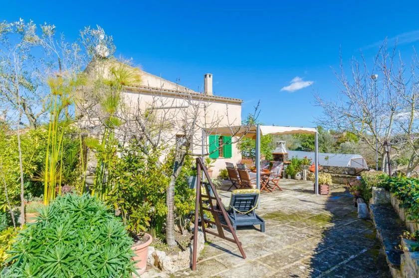 A sunny outdoor patio with seating, plants, and a light-colored house.