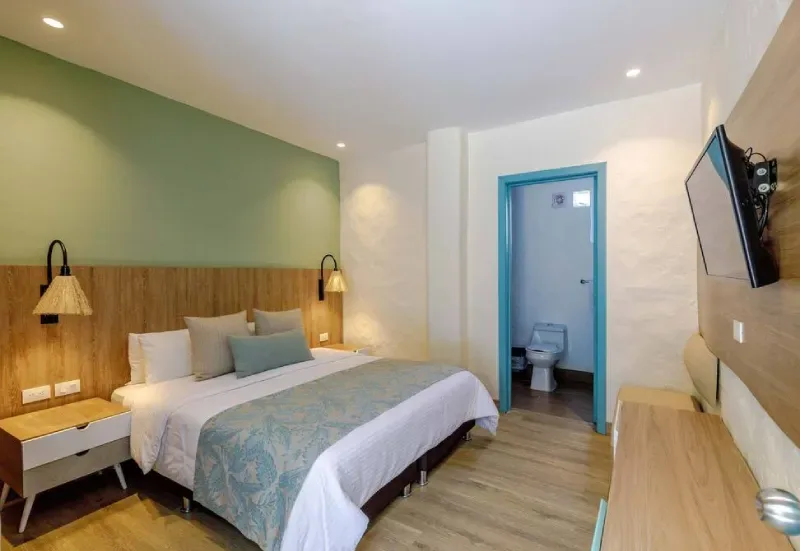 Habitación con cama doble, televisor montado en la pared y puerta de acceso al baño.