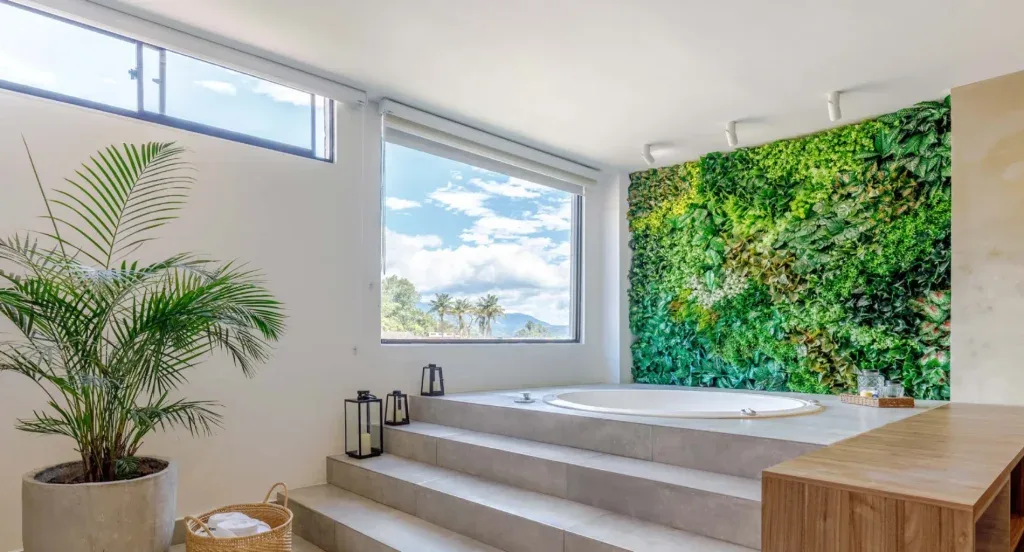Baño moderno con jacuzzi, pared verde y ventana grande.