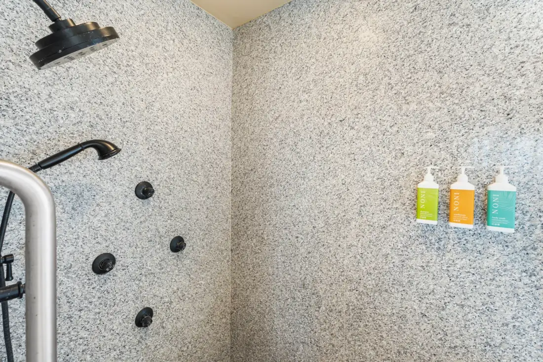 Área de ducha con accesorios oscuros y botellas sobre un estante de pared.