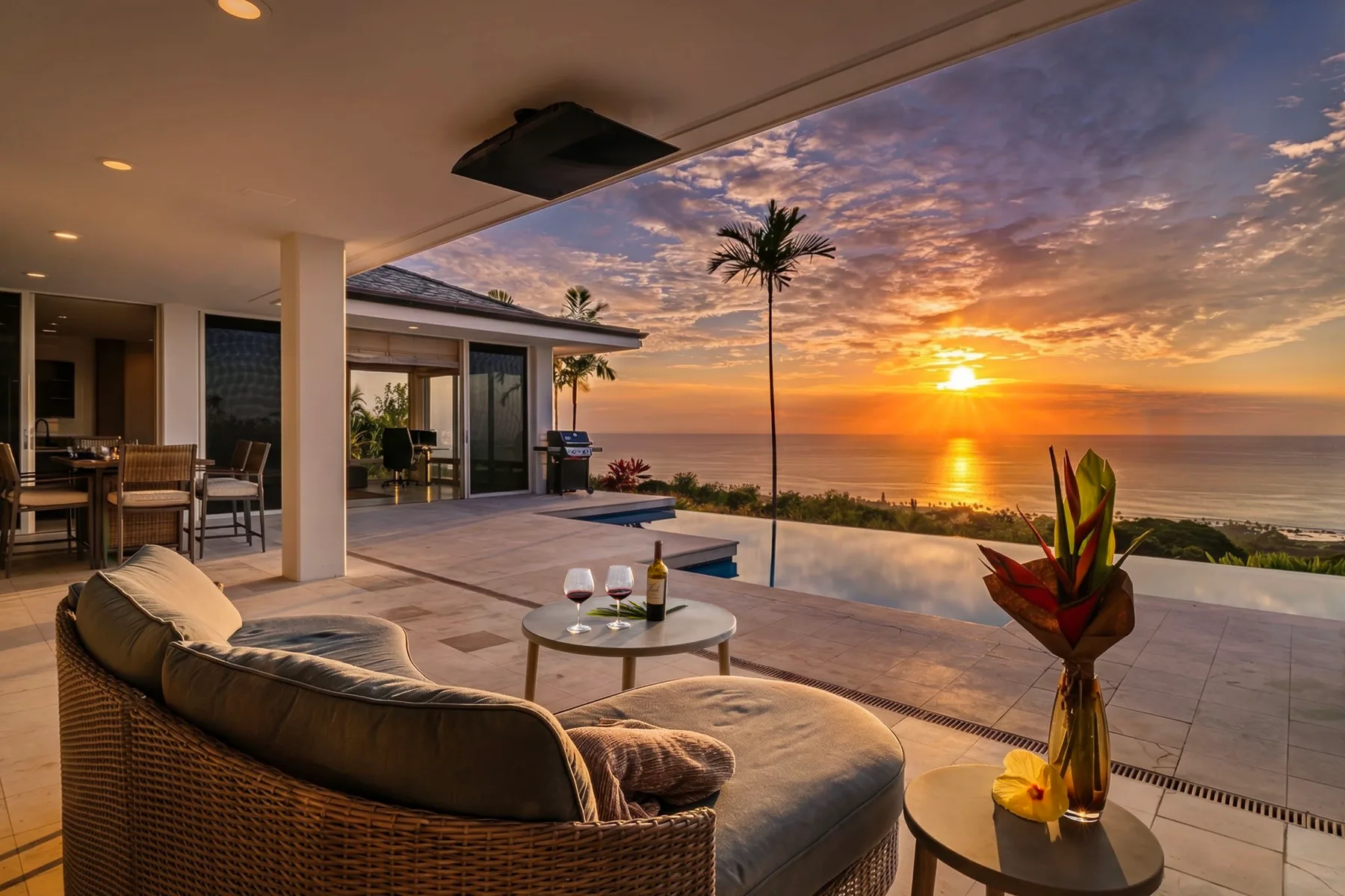 Un patio exterior da al océano al atardecer, con asientos acolchados y una mesa.