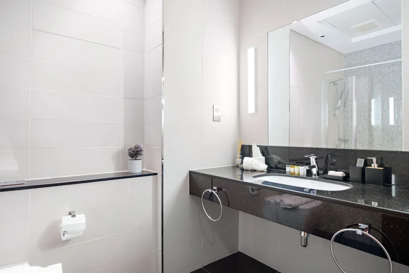 Un baño luminoso con un amplio tocador, espejo y ducha de vidrio.