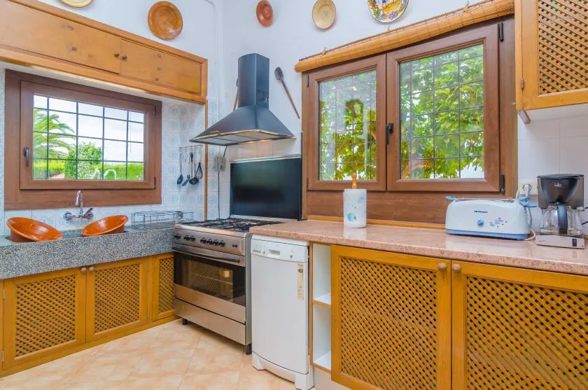 Una cocina con gabinetes de madera y ventanas con vistas a la vegetación.